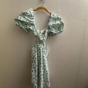 Zara Blue Floral Puff Sleeve Cutout Mini Dress NWT Size M